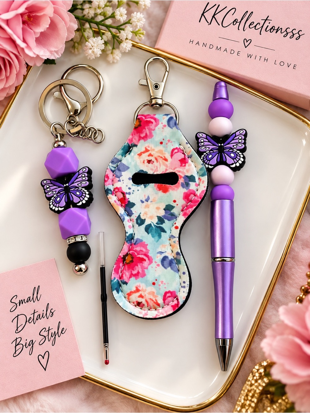 Floral Lip Balm Holder Keychain with Purple Butterfly Pen Set